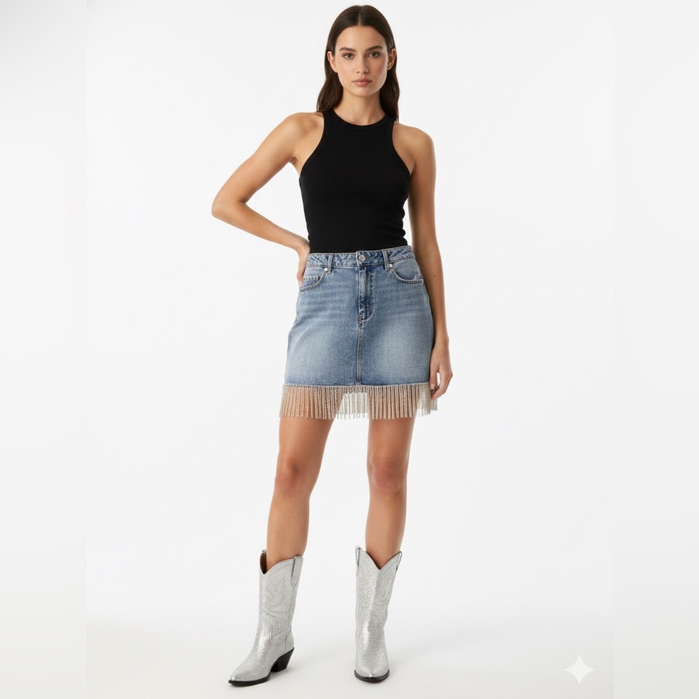 BLANKNYC Rhinestone Crystal Fringe Denim Mini Skirt 32